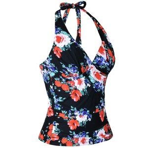 Hilor Tankini Top Black Floral US 16 Modest Beachy Shirred Style Halter
